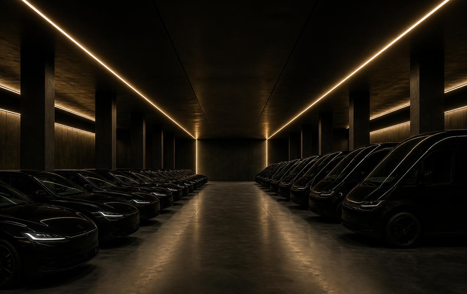 Frota de viaturas escuras alinhadas num depósito iluminado
